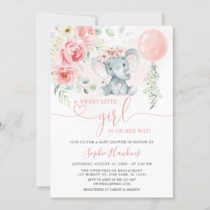 Invitación Floral rosa dulce Niña Elefante Baby Shower