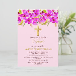 Invitación Floral rosa elegancia cruz de oro bebé bautismo