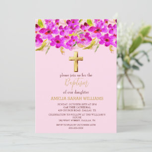 Invitación Floral rosa elegancia cruz de oro bebé bautismo