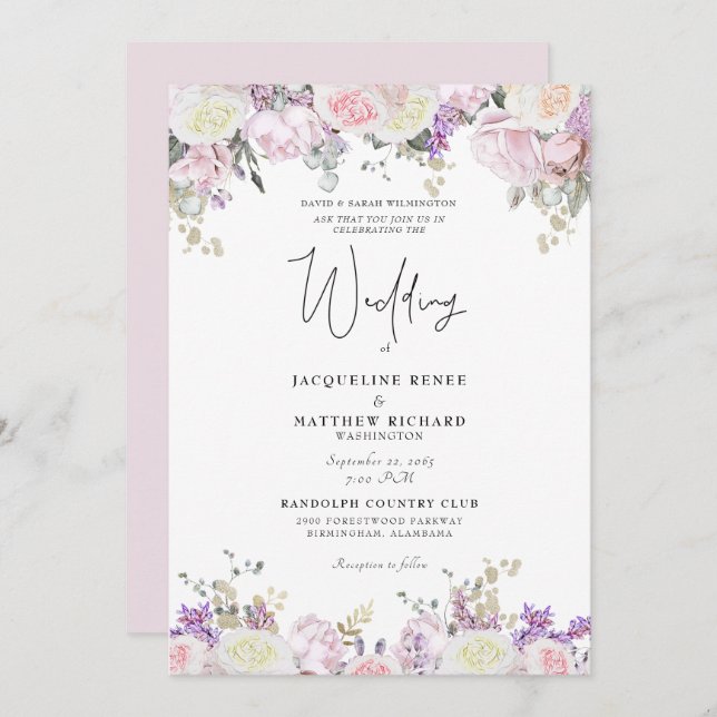 Invitación Floral rosa elegante (Anverso / Reverso)