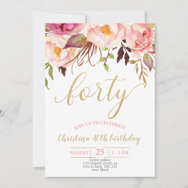 Invitación Floral Rosa Elegante 40 Años Mujeres (Anverso)