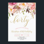 Invitación Floral Rosa Elegante 40 Años Mujeres<br><div class="desc">Floral Rosa Elegante 40 Años Mujeres</div>