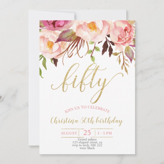 Invitación Floral Rosa Elegante 50 Años Mujeres (Anverso)