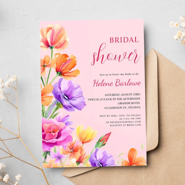 Invitación Floral rosa elegante Boho Wildflower Ducha nupcial (Pink Floral Elegant Boho Wildflower Bridal Shower Invitation)