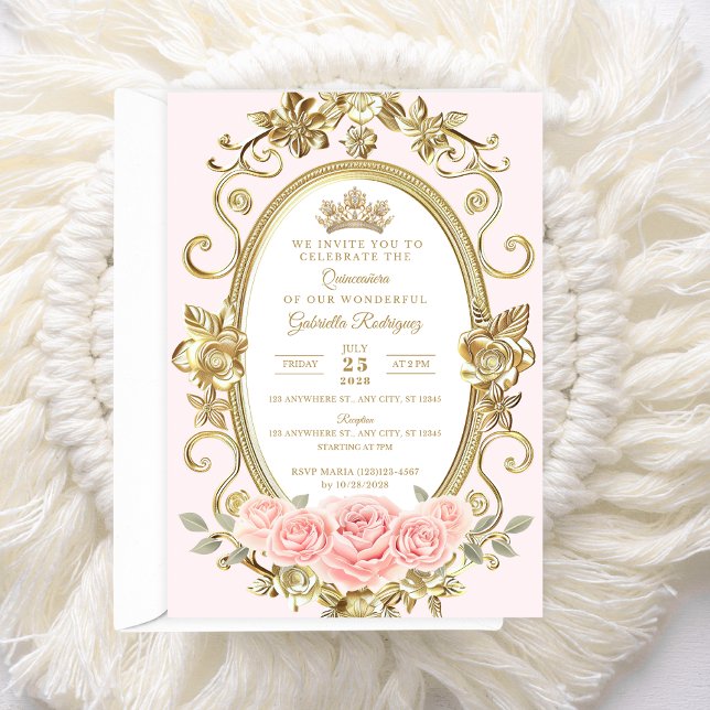 Invitación floral rosa elegante de Quinceañera (Subido por el creador)
