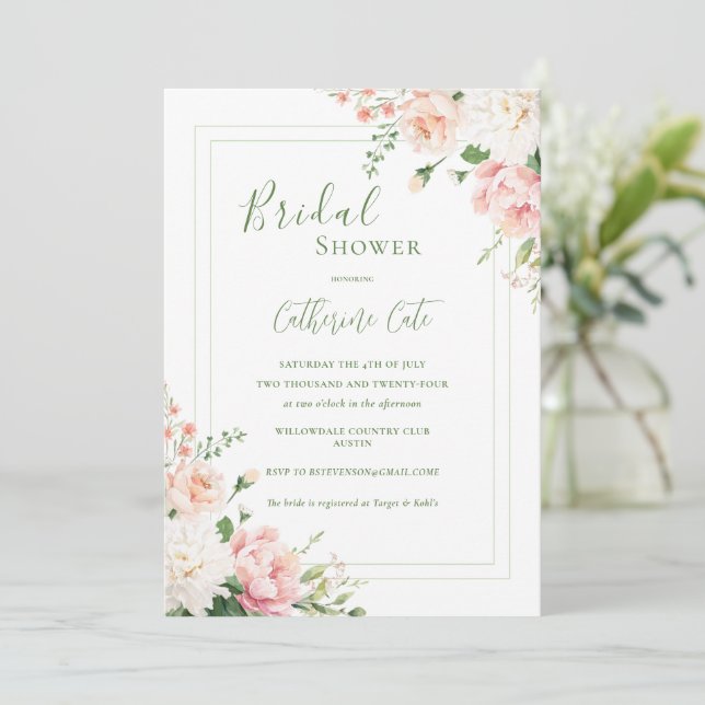 Invitación Floral rosa elegante ducha de novia (Anverso de pie)