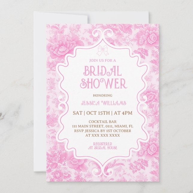 Invitación Floral rosa elegante ducha de novia (Anverso)