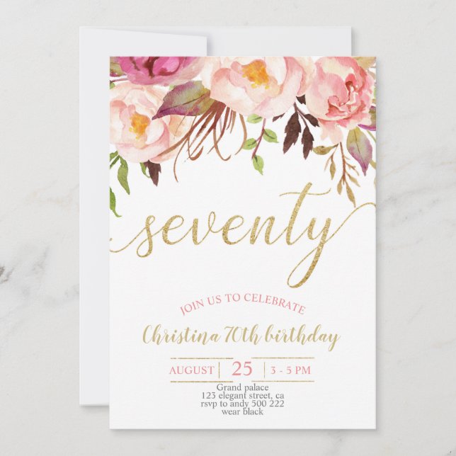 Invitación Floral Rosa Elegante Mujeres 70 Años (Anverso)
