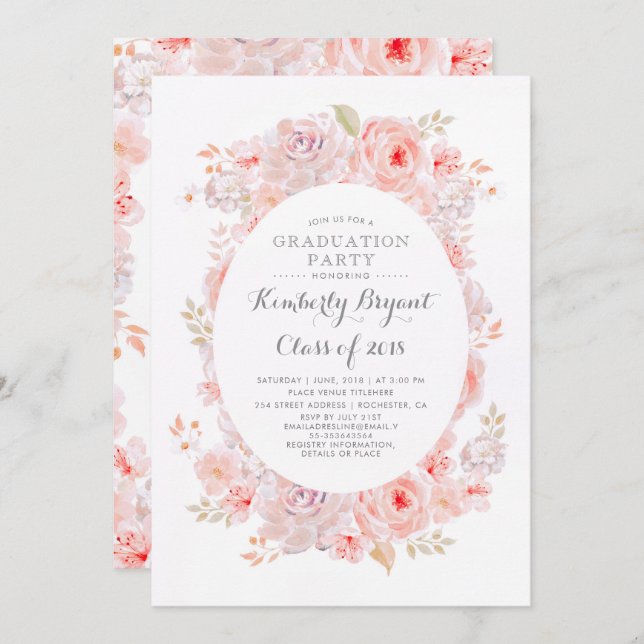 Invitación Floral rosa | Elegante Partido de Graduación Vinta (Anverso / Reverso)