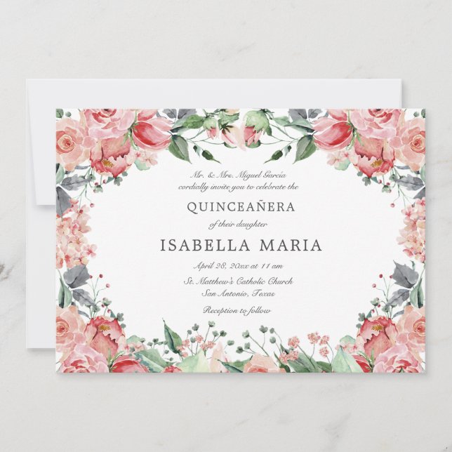 Invitación Floral rosa elegante Quinceañera (Anverso)