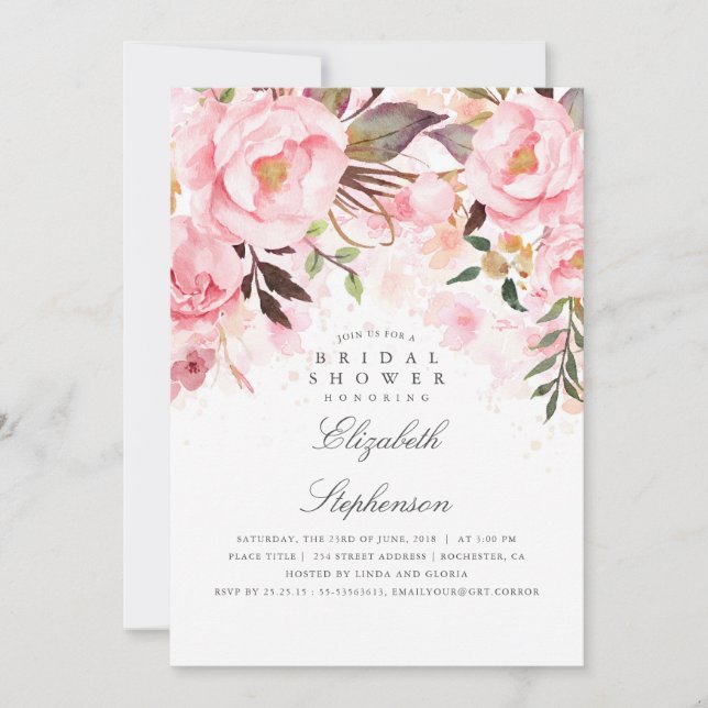 Invitación Floral rosa elegante y moderna ducha de novia (Anverso)