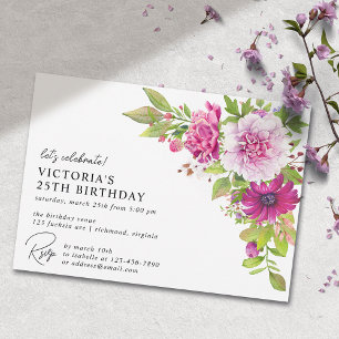 Invitación Floral rosa   Elegante y moderno cumpleaños de cua