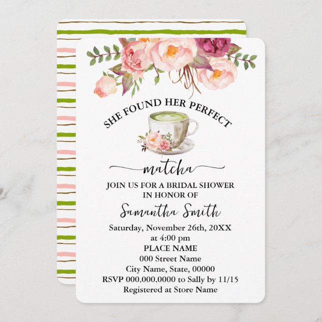 Invitación Floral Rosa Encontró Su Ducha Bridal Matcha Perfec (Anverso / Reverso)
