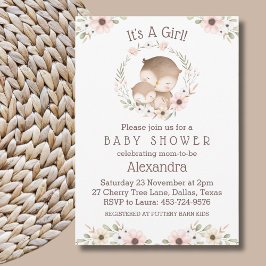 Invitación Floral rosa es un Baby Shower de búho Chica