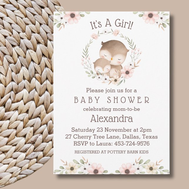 Invitación Floral rosa es un Baby Shower de búho Chica (Subido por el creador)