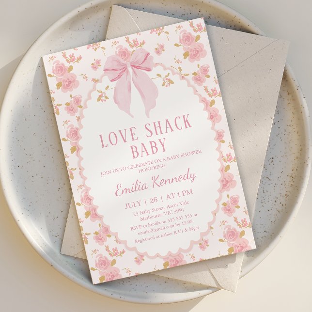 Invitación Floral Rosa Fancy Love Shack Baby Baby Shower (Love Shack Baby Shower Invitation Template, Love Shack Fancy Baby Shower Invitation Bow Baby Girl)