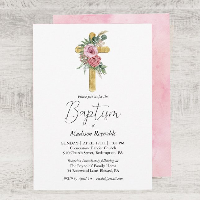 Invitación Floral rosa Fern cruz de madera baptismo (Subido por el creador)