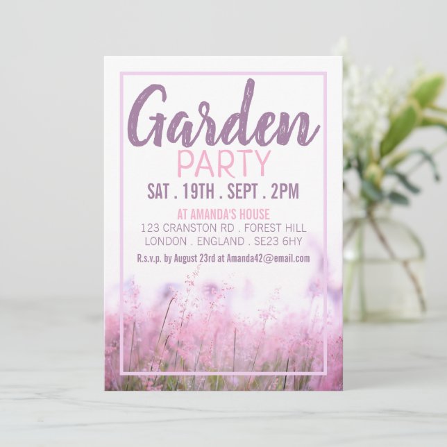 Invitación Floral rosa, Fiesta de jardín (Anverso de pie)
