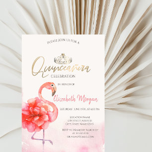 Invitación Floral Rosa Flamencos Tiara de Oro Quinceañera 