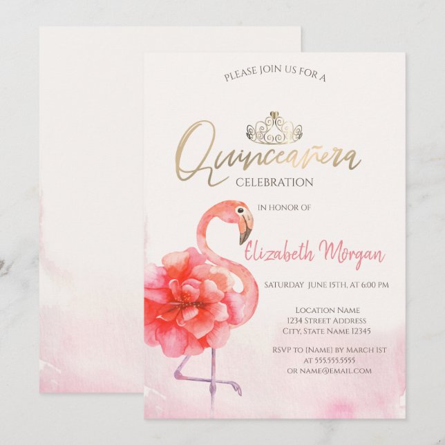 Invitación Floral Rosa Flamingos Oro Tiara Quinceañera (Anverso / Reverso)