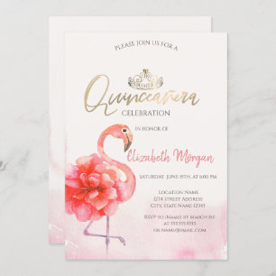 Invitación Floral Rosa Flamingos Oro Tiara Quinceañera