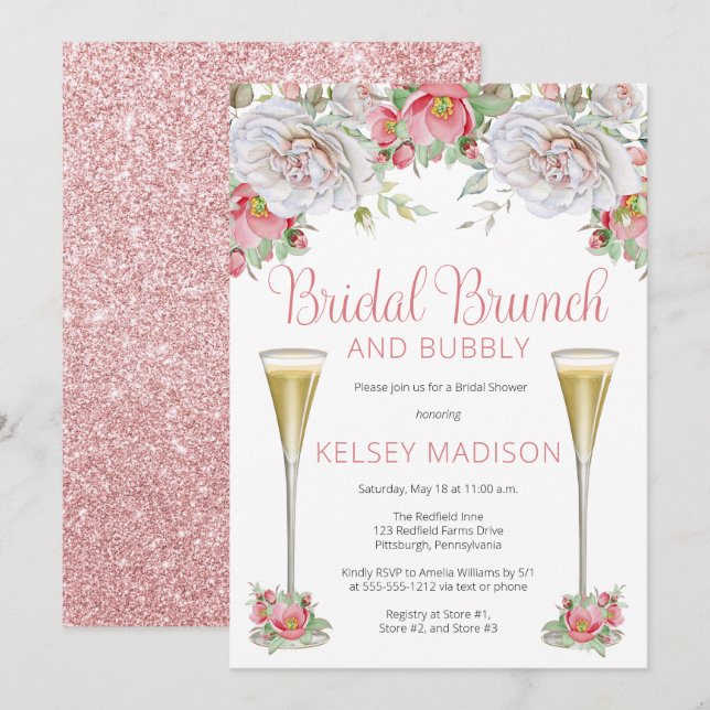 Invitación Floral rosa florece en las novias brunch y bubbly  (Anverso / Reverso)