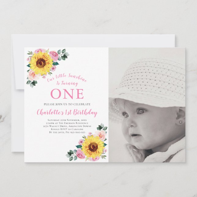 Invitación Floral rosa girasol Primer cumpleaños Fiesta de fo (Anverso)