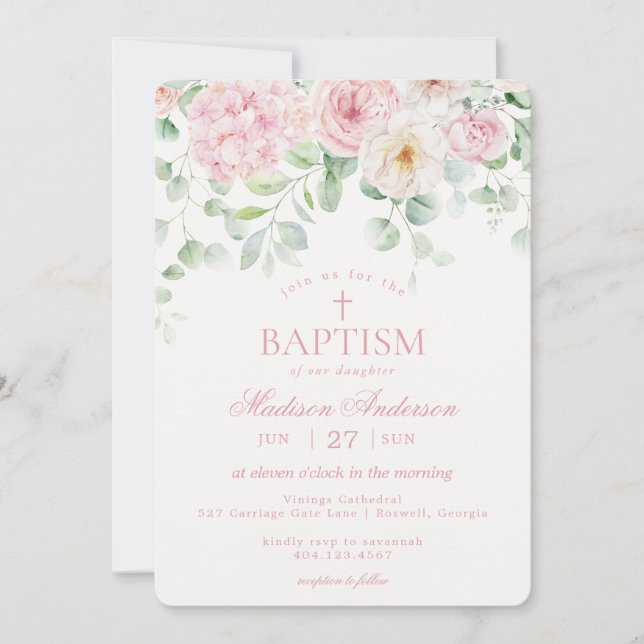 Invitación Floral rosa Hidrangea Blooms Botánicos Bautismo (Anverso)