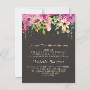 Invitación Floral Rosa Hojas Verdes Dorado Negro Quinceañera