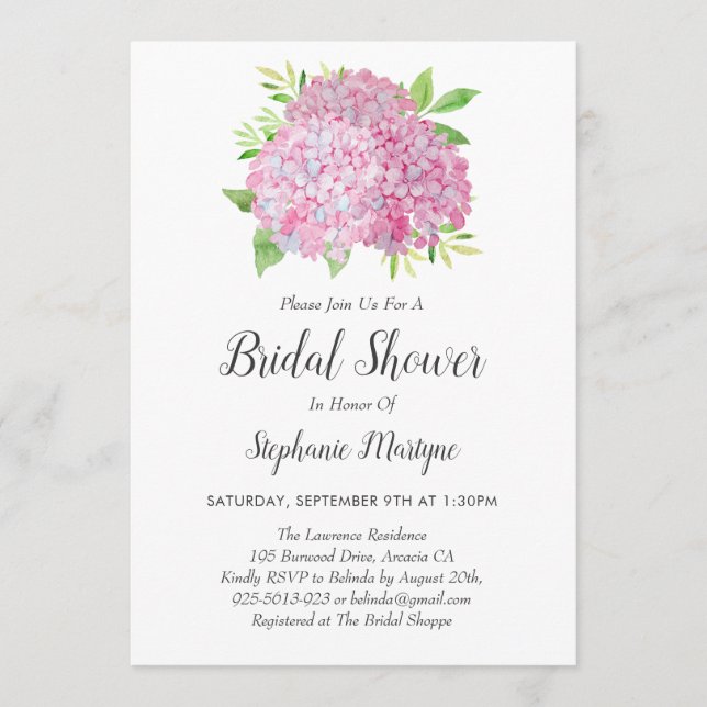 Invitación Floral Rosa Hydrangea Bouquet Ducha de Novia (Anverso)