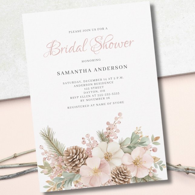 Invitación Floral rosa invierno Pine Bridal Shower (Subido por el creador)