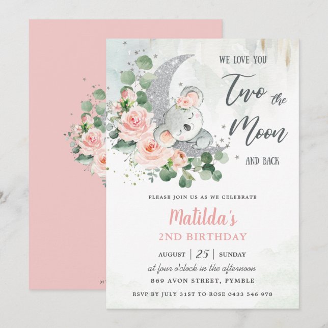 Invitación Floral rosa Koala Oso 2º cumpleaños Crescent Moon (Anverso / Reverso)