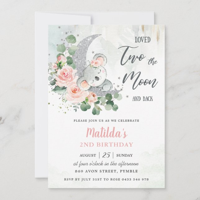 Invitación Floral rosa Koala Oso 2º cumpleaños Crescent Moon (Anverso)