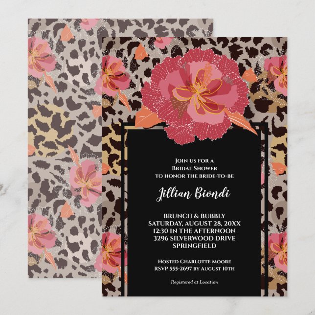 Invitación Floral rosa Leopardo Animal Print Bridal Shower (Anverso / Reverso)