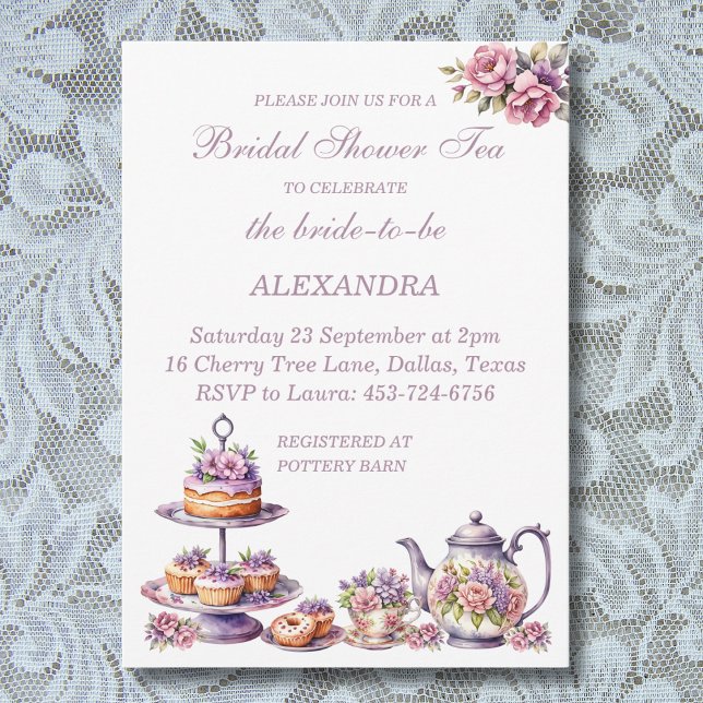 Invitación Floral rosa Lilac Whimsical Tea Brillante Ducha (Subido por el creador)