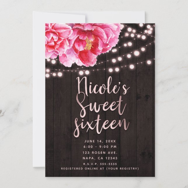 Invitación Floral Rosa Madera Rústica y Luces Dulces 16 (Anverso)