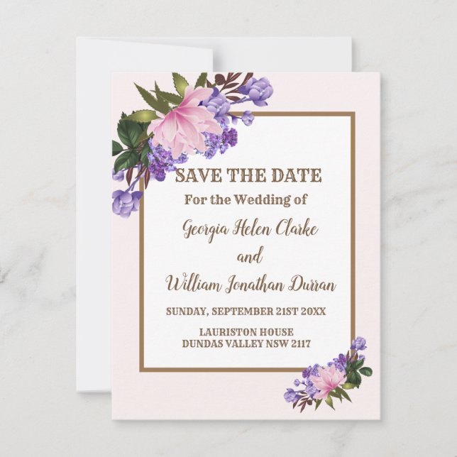 Invitación Floral rosa Magnolia Lavender Ahorra La Fecha (Anverso)