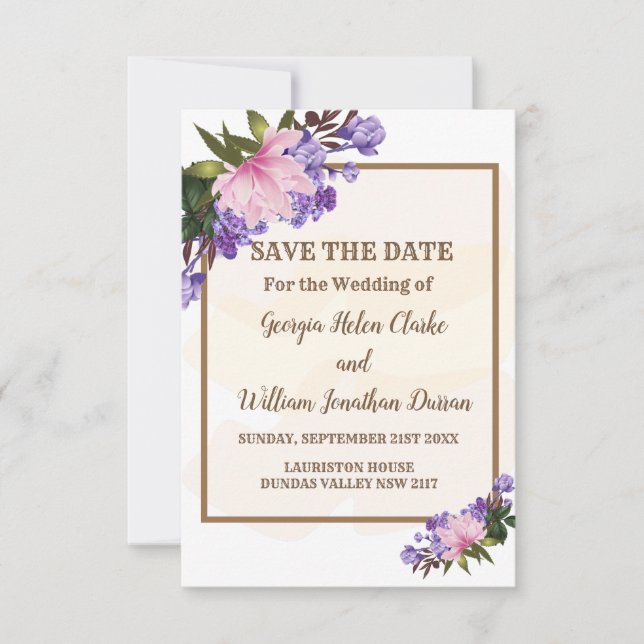 Invitación Floral rosa Magnolia Lavender Ahorra La Fecha (Anverso)