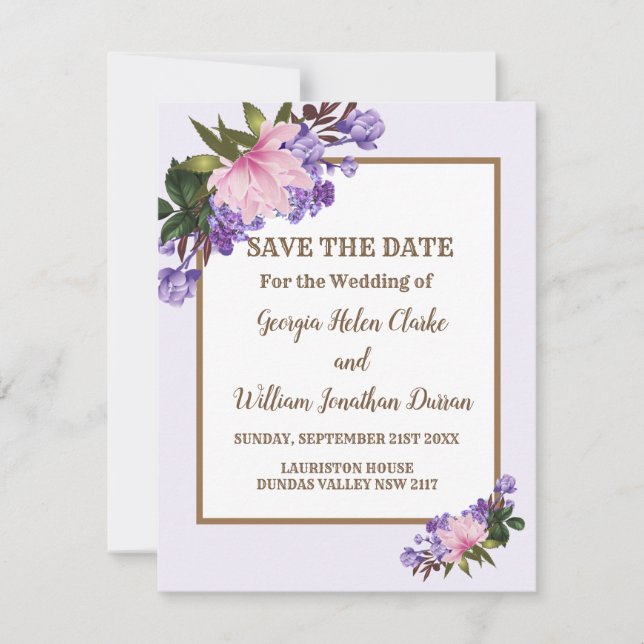 Invitación Floral rosa Magnolia Lavender Ahorra La Fecha (Anverso)