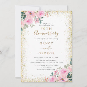 Invitación Floral rosa marco dorado 50 aniversario Boda