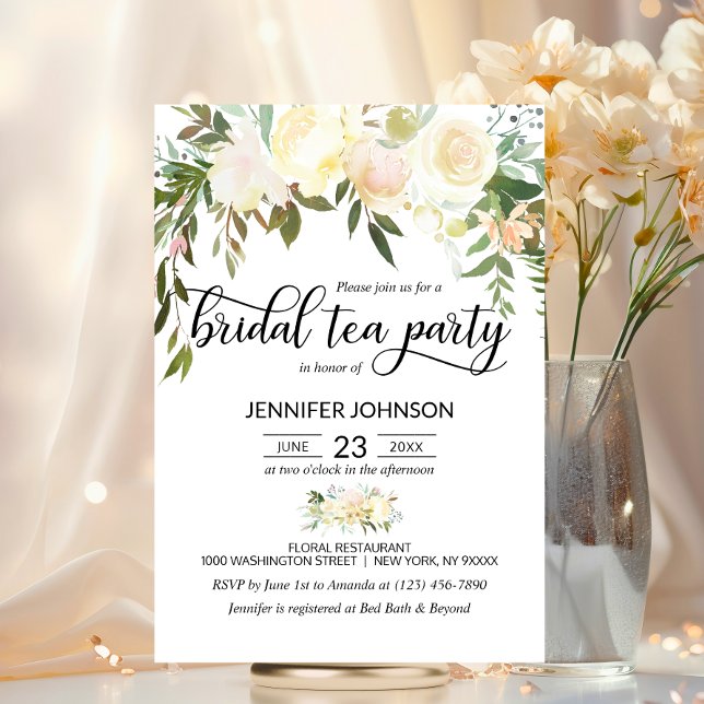 Invitación Floral rosa marfil crema marfil novia ducha Fiesta (Floral Pink Ivory Cream Bridal Shower Tea Party Invitation)