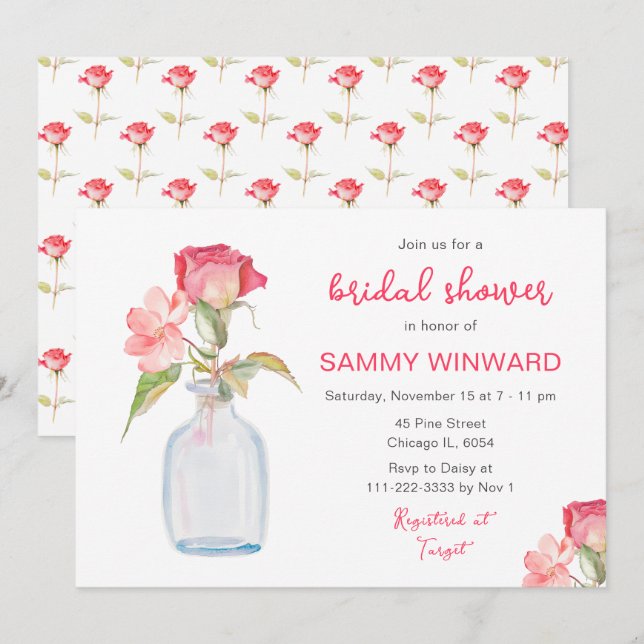 Invitación Floral rosa Mason Jar Bridal Shower (Anverso / Reverso)
