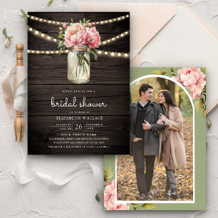 Invitación Floral rosa Mason Jar Foto Ducha de novia de mader