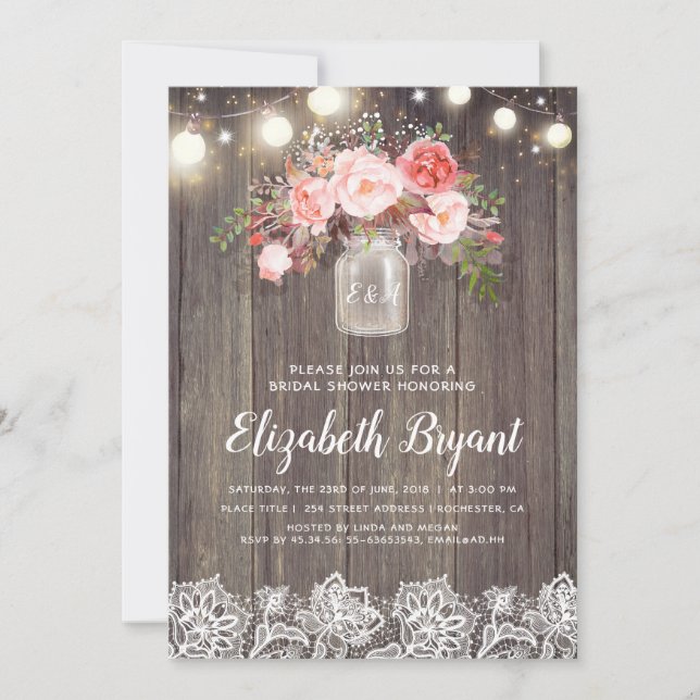 Invitación Floral rosa Mason Jar Rustic Lace Bridal Shower (Anverso)