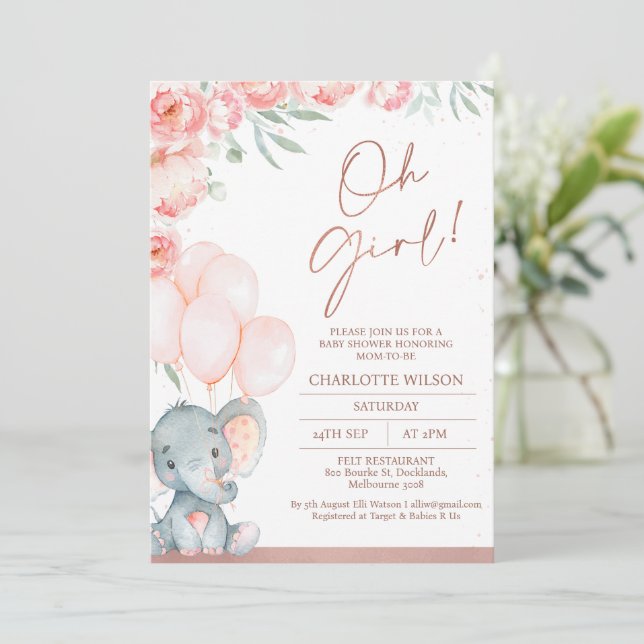 Invitación Floral rosa moderna Oh elefante Chica Baby Shower (Anverso de pie)