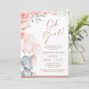 Invitación Floral rosa moderna Oh elefante Chica Baby Shower