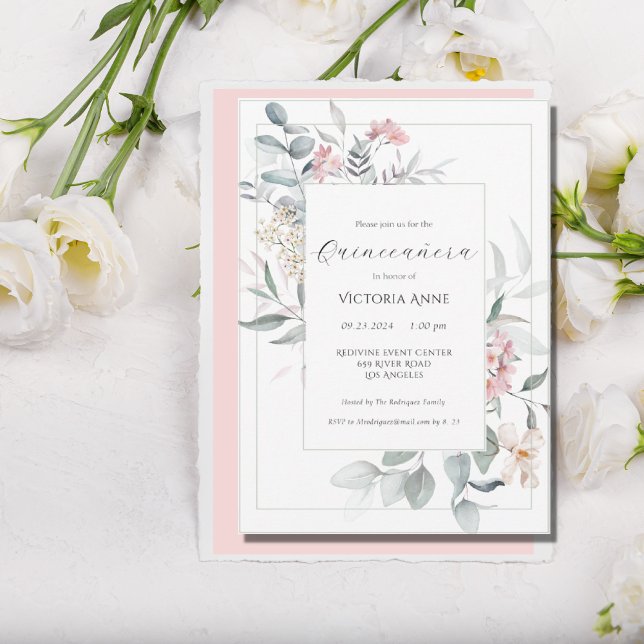 Invitación Floral rosa moderna Quinceañera (Subido por el creador)