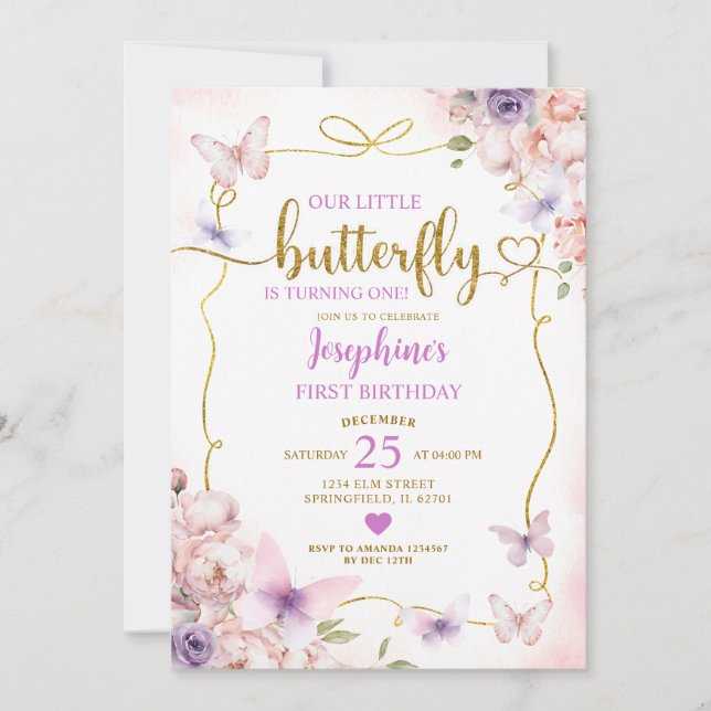 Invitación Floral rosa morada de mariposa pequeña primer cump (Anverso)