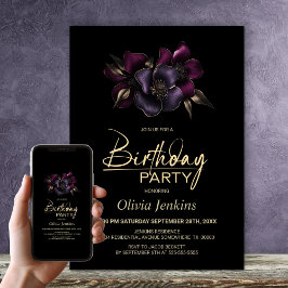 Invitación Floral rosa morada negra cualquier fiesta de cumpl