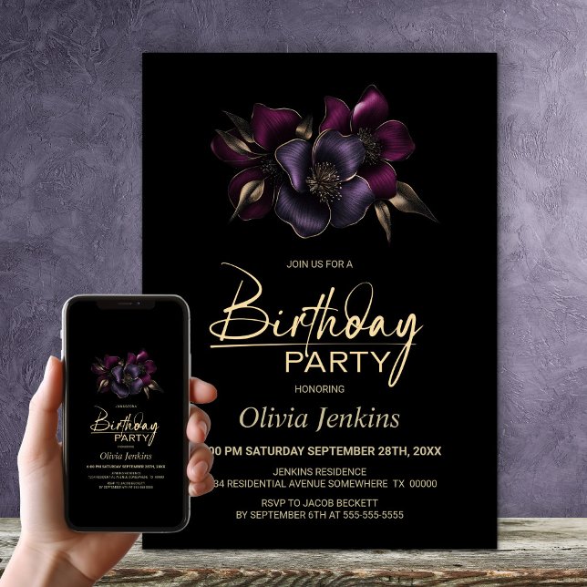 Invitación Floral rosa morada negra cualquier fiesta de cumpl (Subido por el creador)